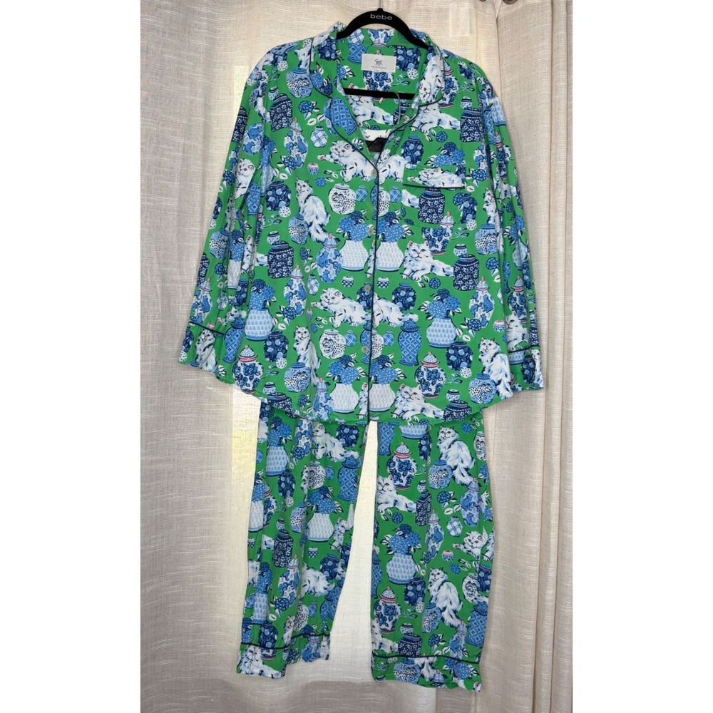 Printfresh Fancy Cat Pajama Set Green Blue Floral Organic Cotton Women's XL